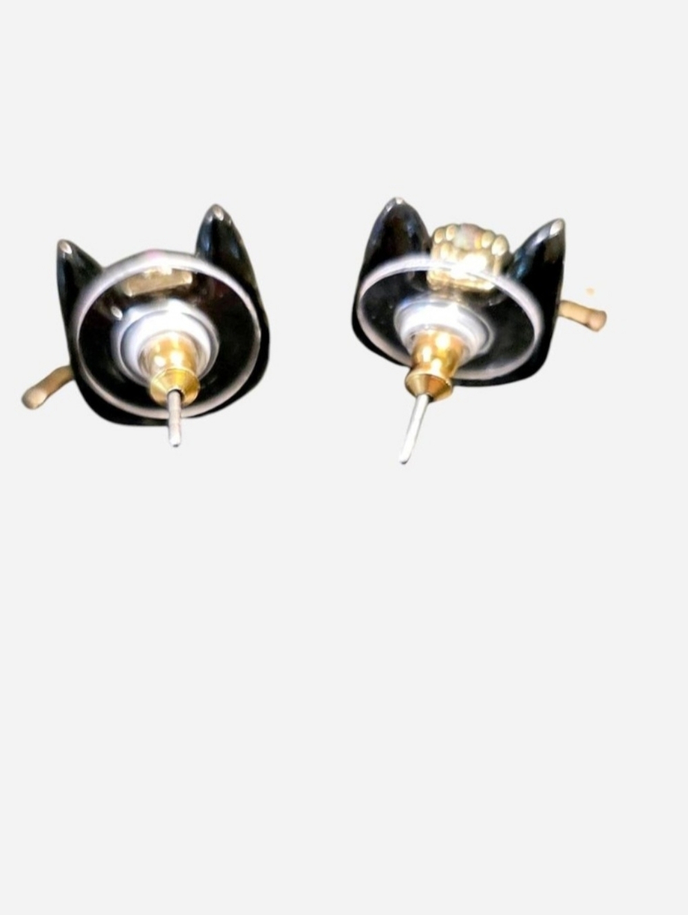 Vintage Betsey Johnson Black Cat Face Stud Earrings w/Gold Whiskers & Pink Nose - Picture 3 of 7